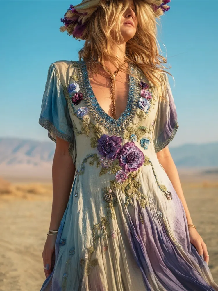 Bohemian Gradient Floral Women's Linen V-neck Maxi Flowy Dress