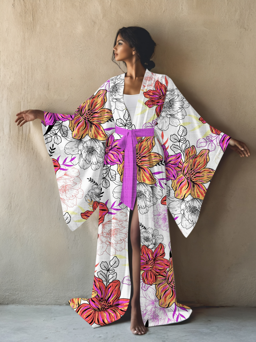 Abstract Art Print Kimono Long Gown Robe With Belt