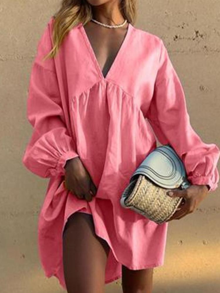 V-Neck Cotton Linen Long Sleeve Mini Dress