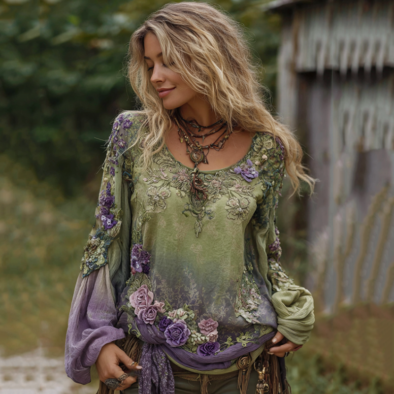 Vintage Purple Lavender And Floral Embroidered Long Sleeve Shirt