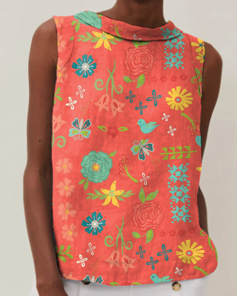Vintage Floral Print Cotton & Linen Round Neck Sleeveless Top