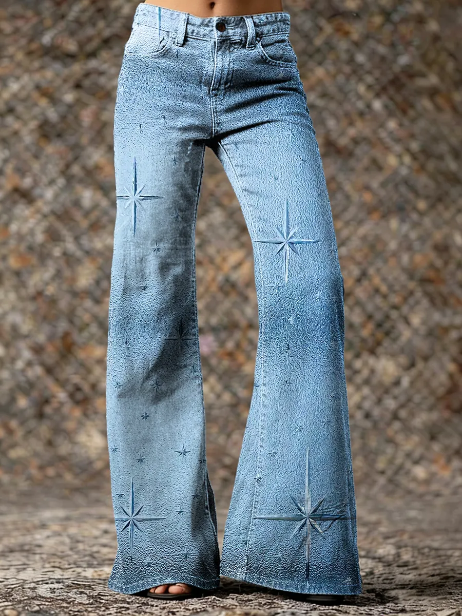 Vintage Blue Gradient Stars Hippie Art Prints Casual Flared Pants