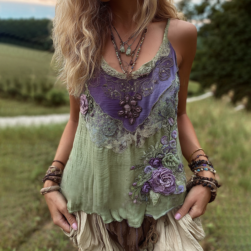 Vintage Purple Lavender And Floral Embroidered V-neck Camisole
