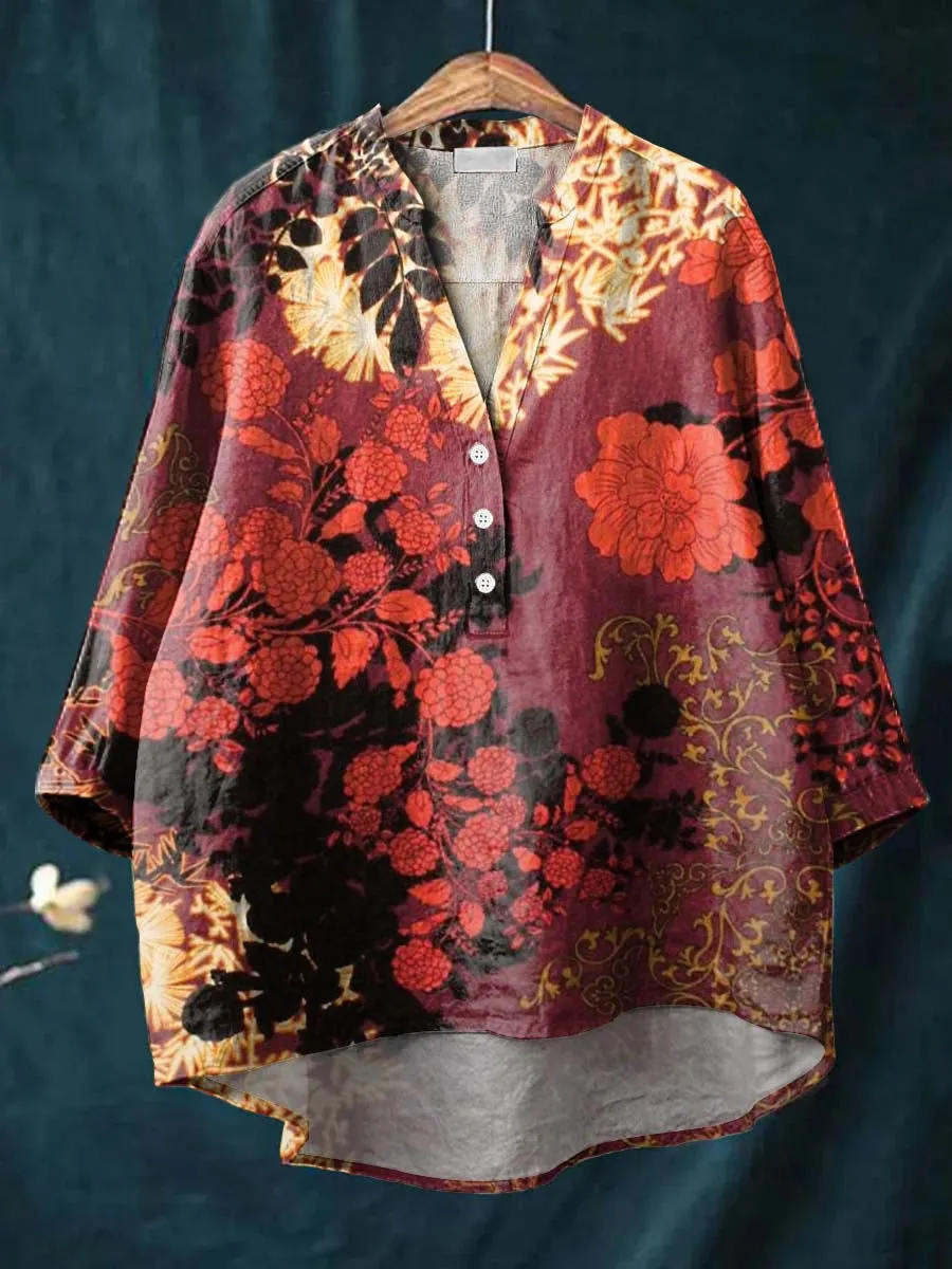 Vintage Floral Art Print Casual Cotton & Linen Shirt