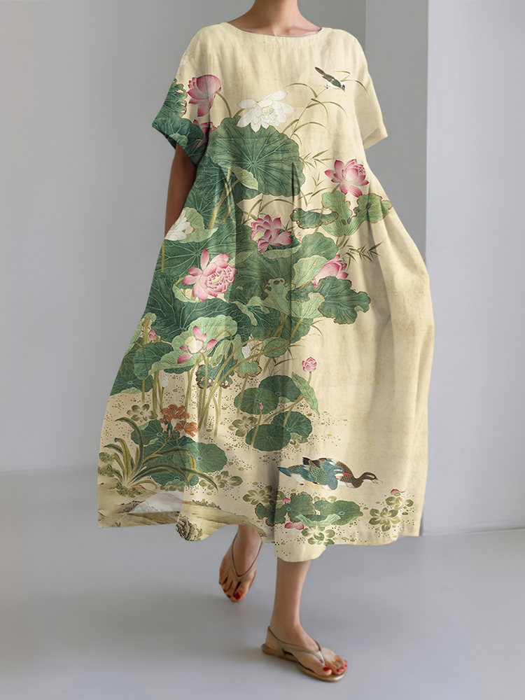Japanese Art Floral Print Short Sleeve Midi Dress
