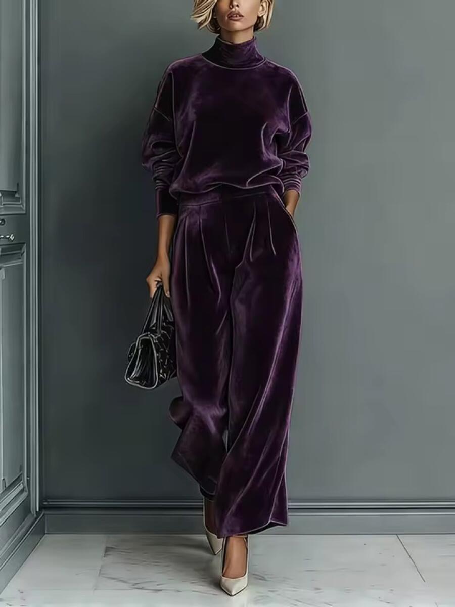 High-Neck Velvet Top & High-Waist Wide-Leg Pants Set – Relaxed Luxury Casual Set
