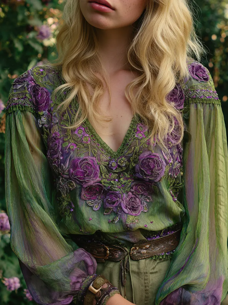 Vintage Purple Rose Embroidery V Neck Long Sleeve Shirt