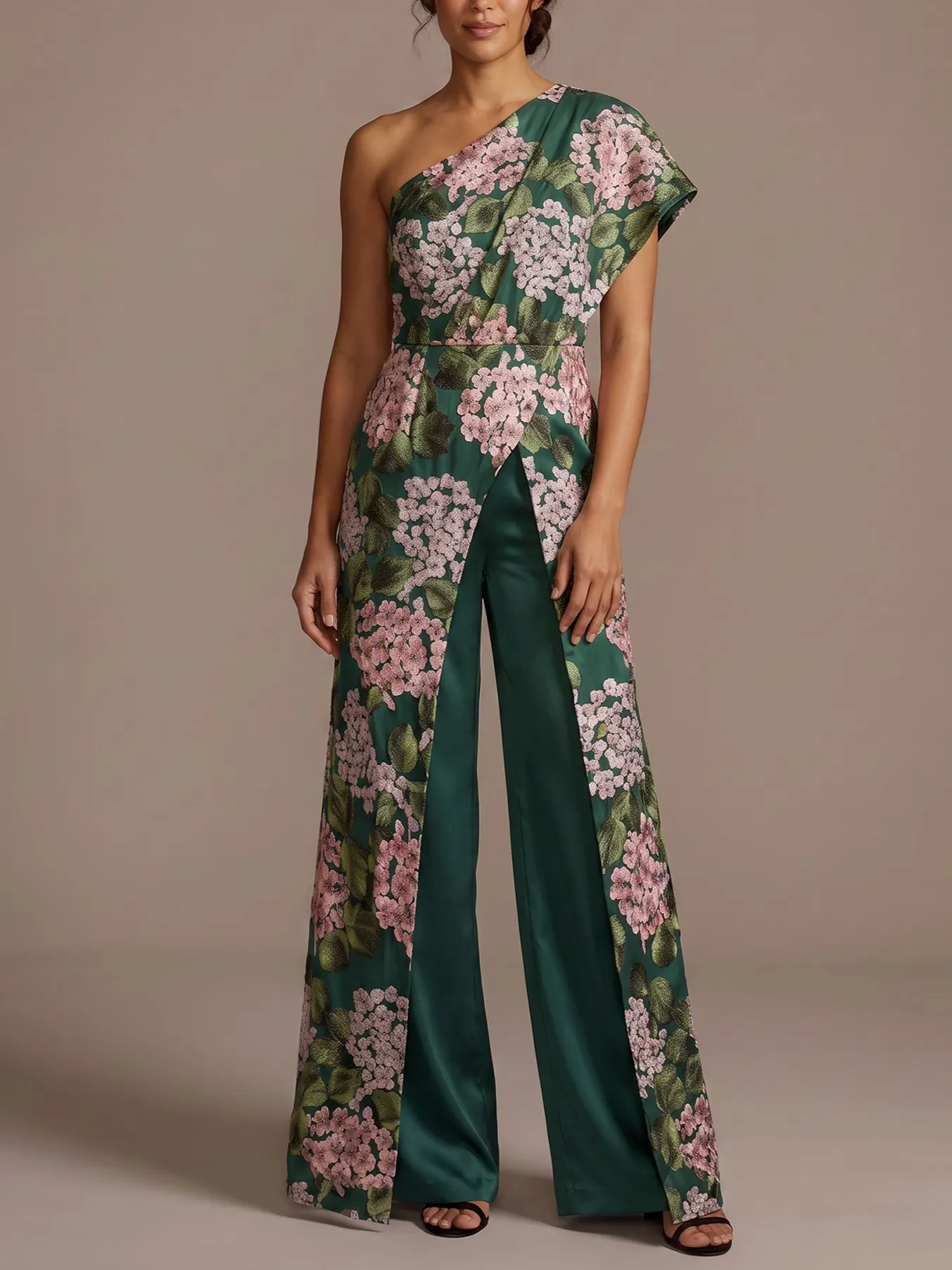 Emerald Green One-Shoulder Floral Satin Jumpsuit
