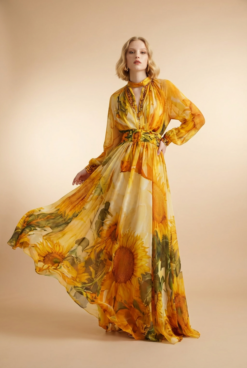 The Sun-Printed Chiffon Maxi Dress