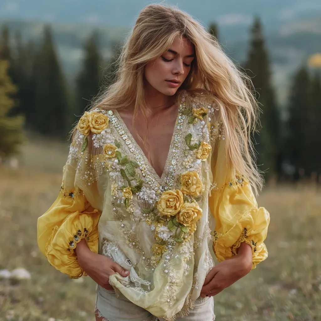 Women's Classic Bohemian Yellow Floral Embroidery Art Long Sleeve Linen Blend T-shirt