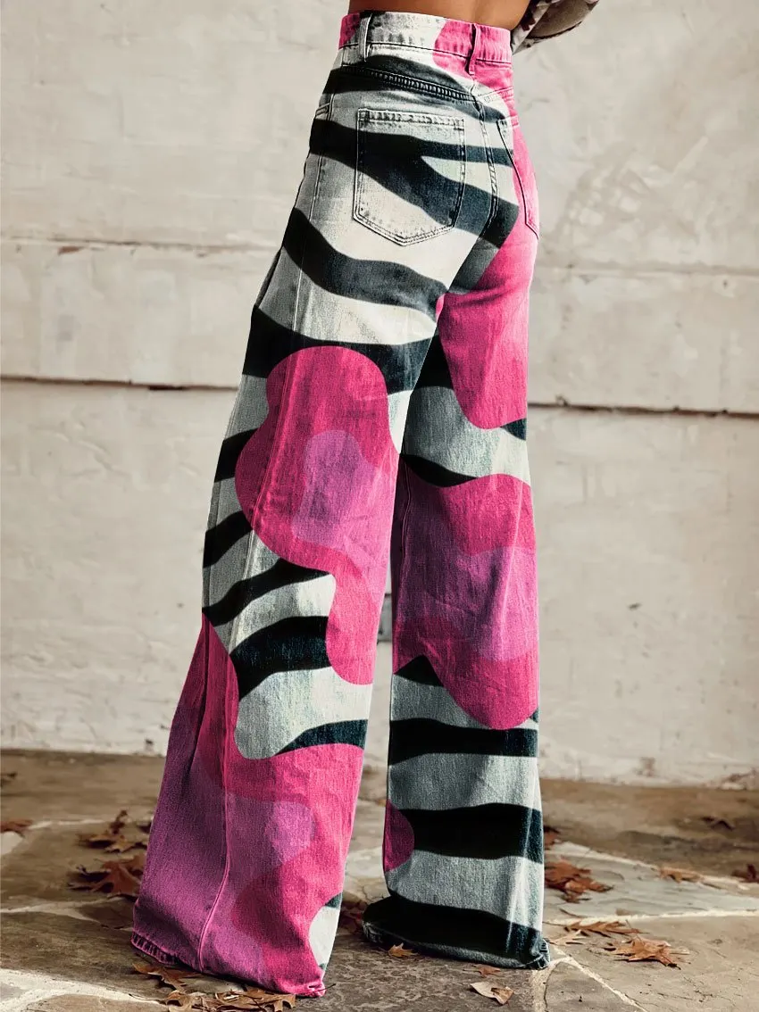 Vintage Contrast Zebra Print Casual Wide-Leg Pants