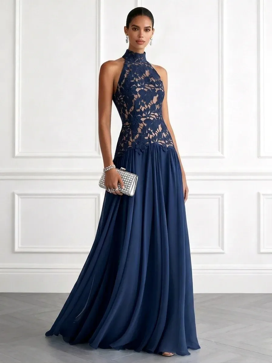 Purplish Blue Lace Lace Halter Neck Sleeveless A-Line Floor Length Dress