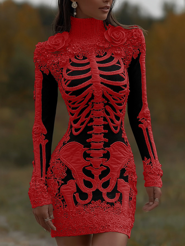 Women's Halloween Skeleton Bones With Rose Art Cozy Knit Turtleneck Mini Sweater Dress