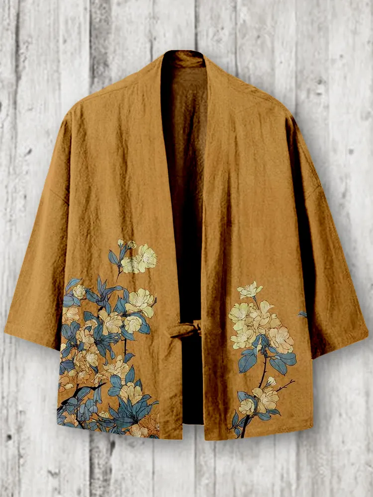 Vintage Floral Pattern Japanese Linen Blend Kimono Cardigan