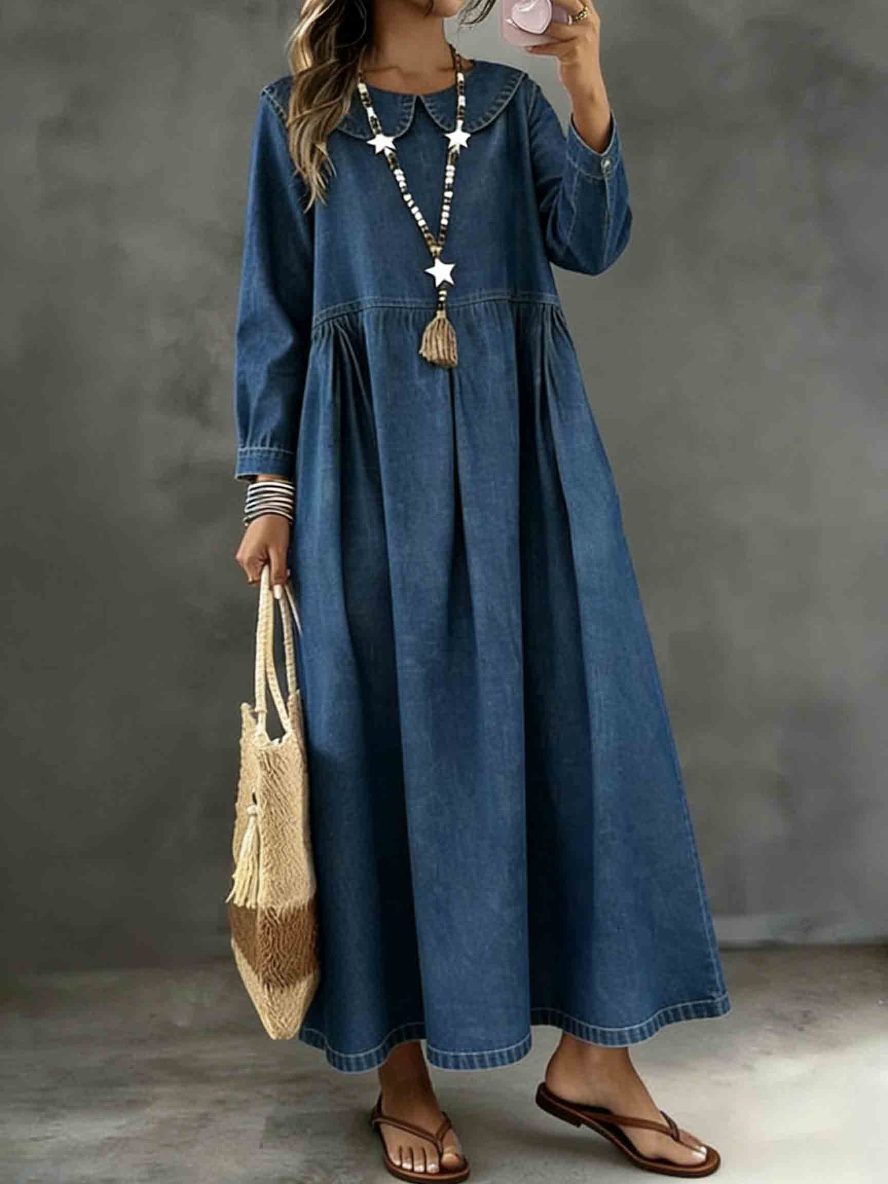 Long Sleeved Lotus leaf collar Loose Denim Dress