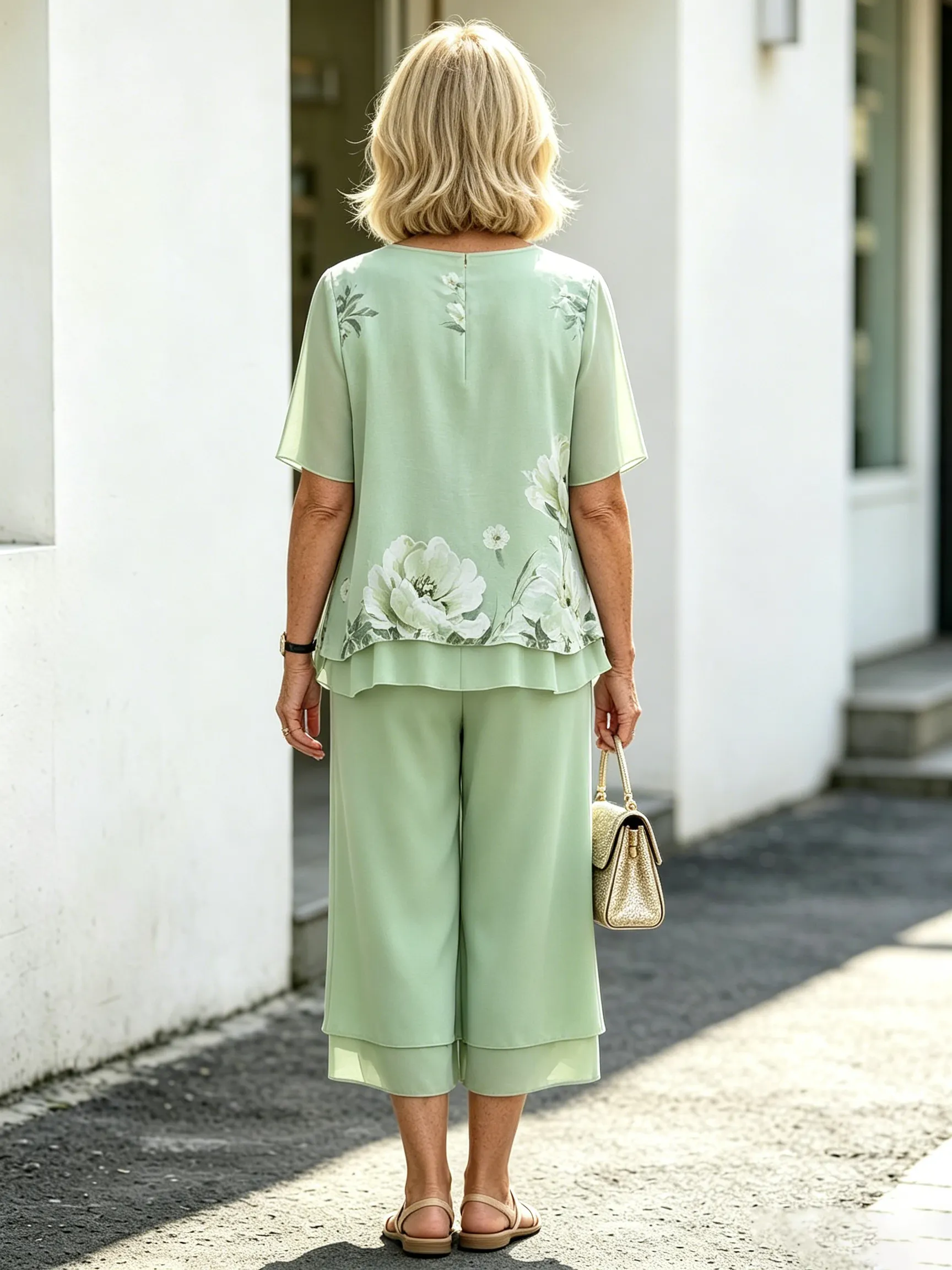 Blue Floral Print Chiffon Two-Piece Set