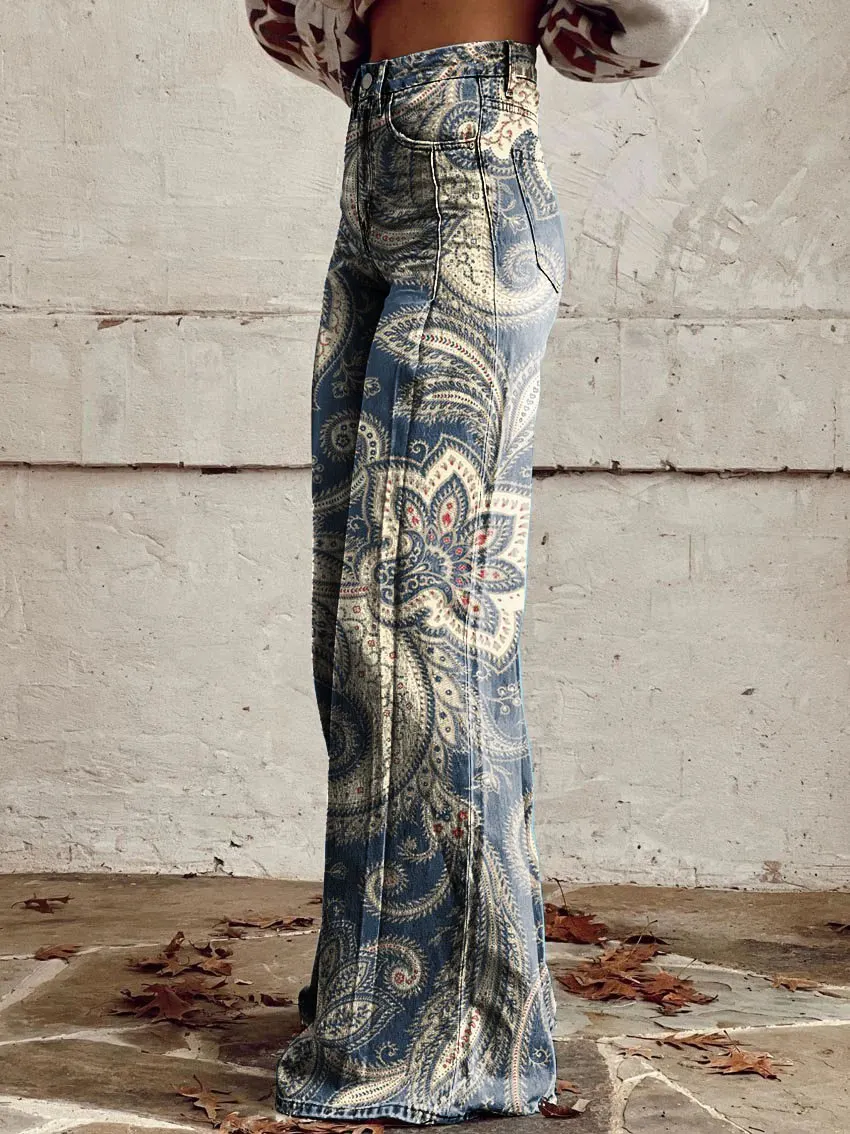 Vintage Paisley Print Casual Wide-Leg Pants
