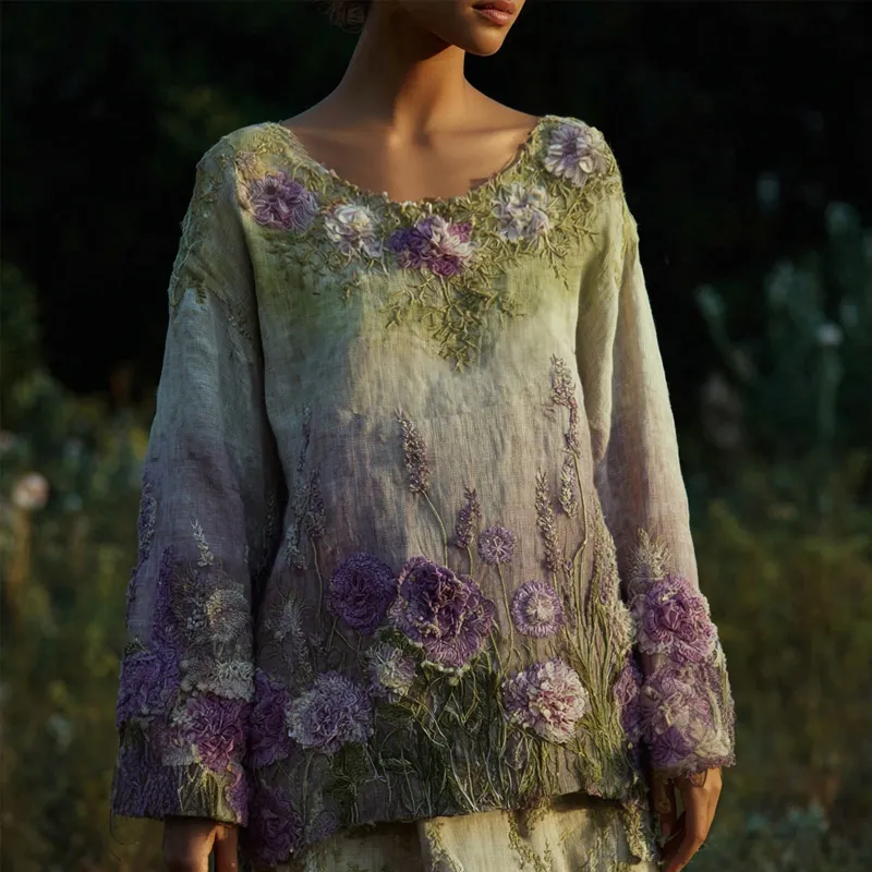 Vintage Purple Flowers Embroidered Gradient Linen Tunic