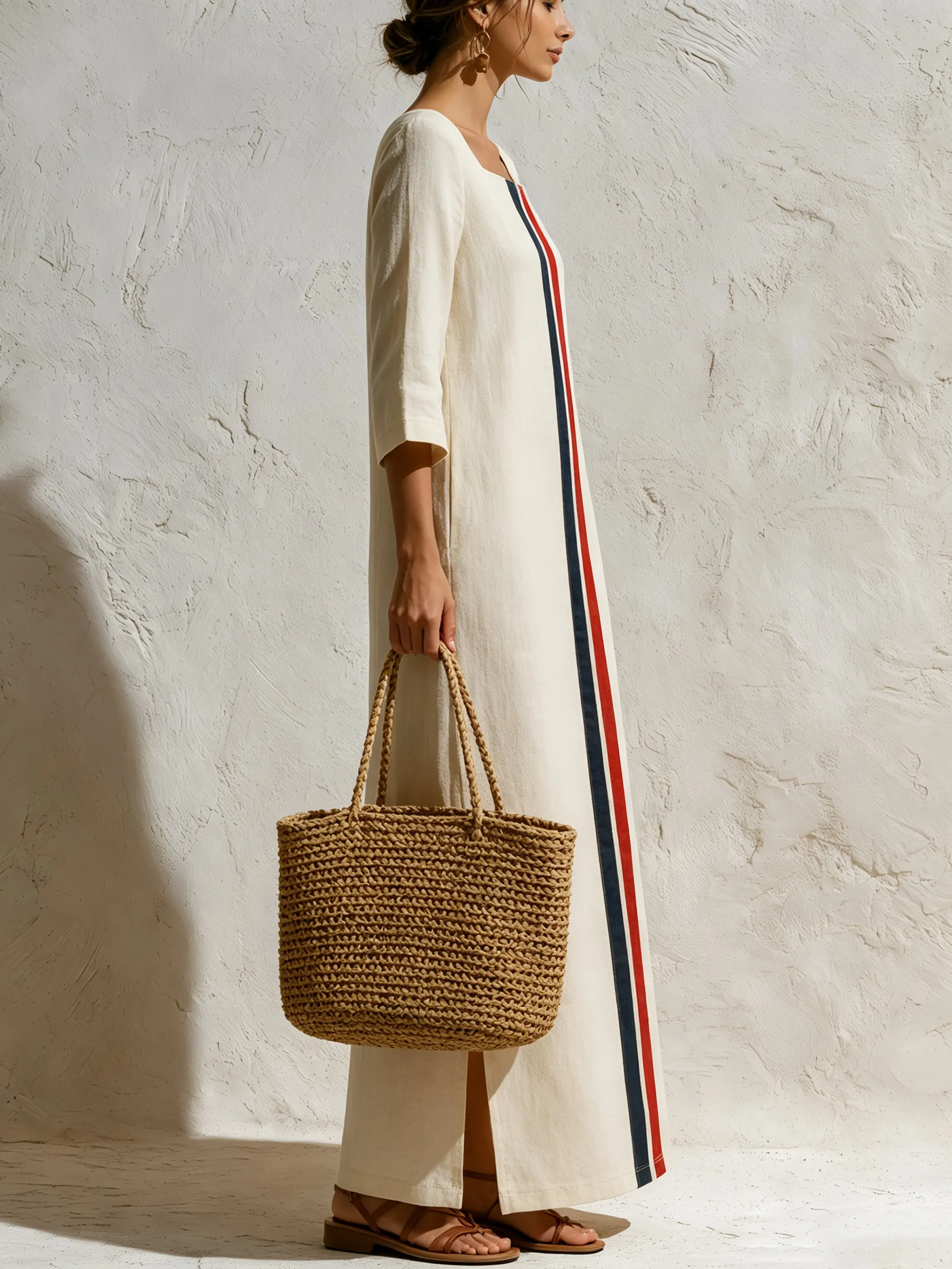 Women’s Minimalist Maxi Dress – Elegant Long-Sleeve Column Dress With Contrast Stripe Detail