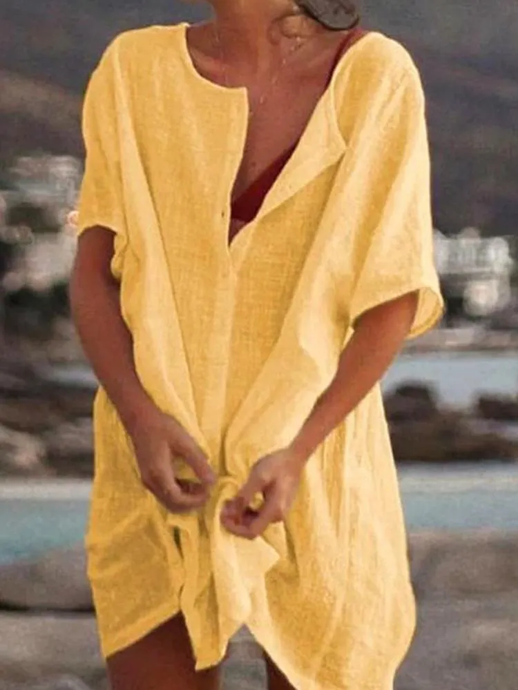 Loose Solid Color Short Sleeve Cotton And Linen Dress