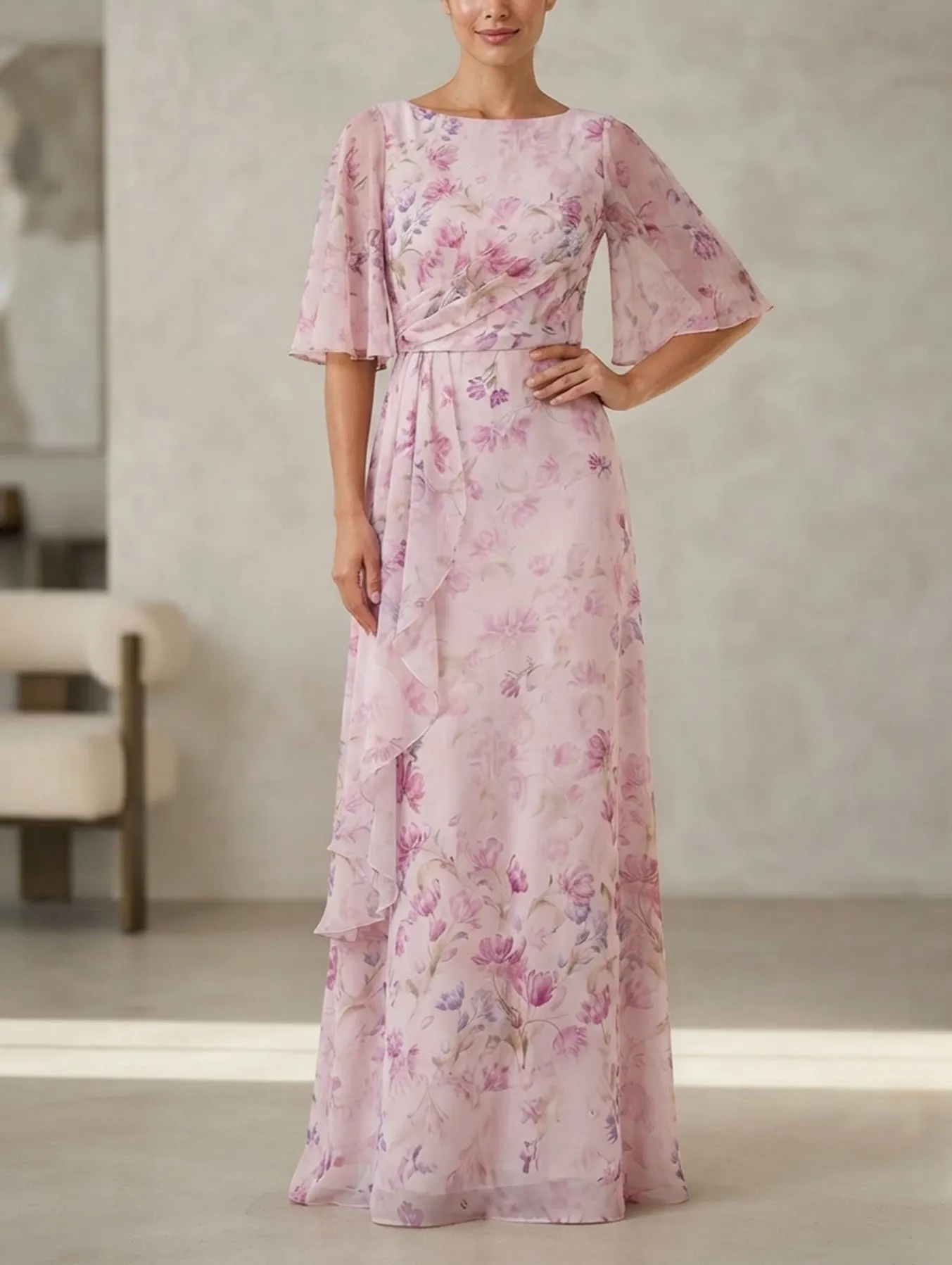 Blush Pink Bateau Neck Bell Sleeve Floral Chiffon A-line Maxi Dress