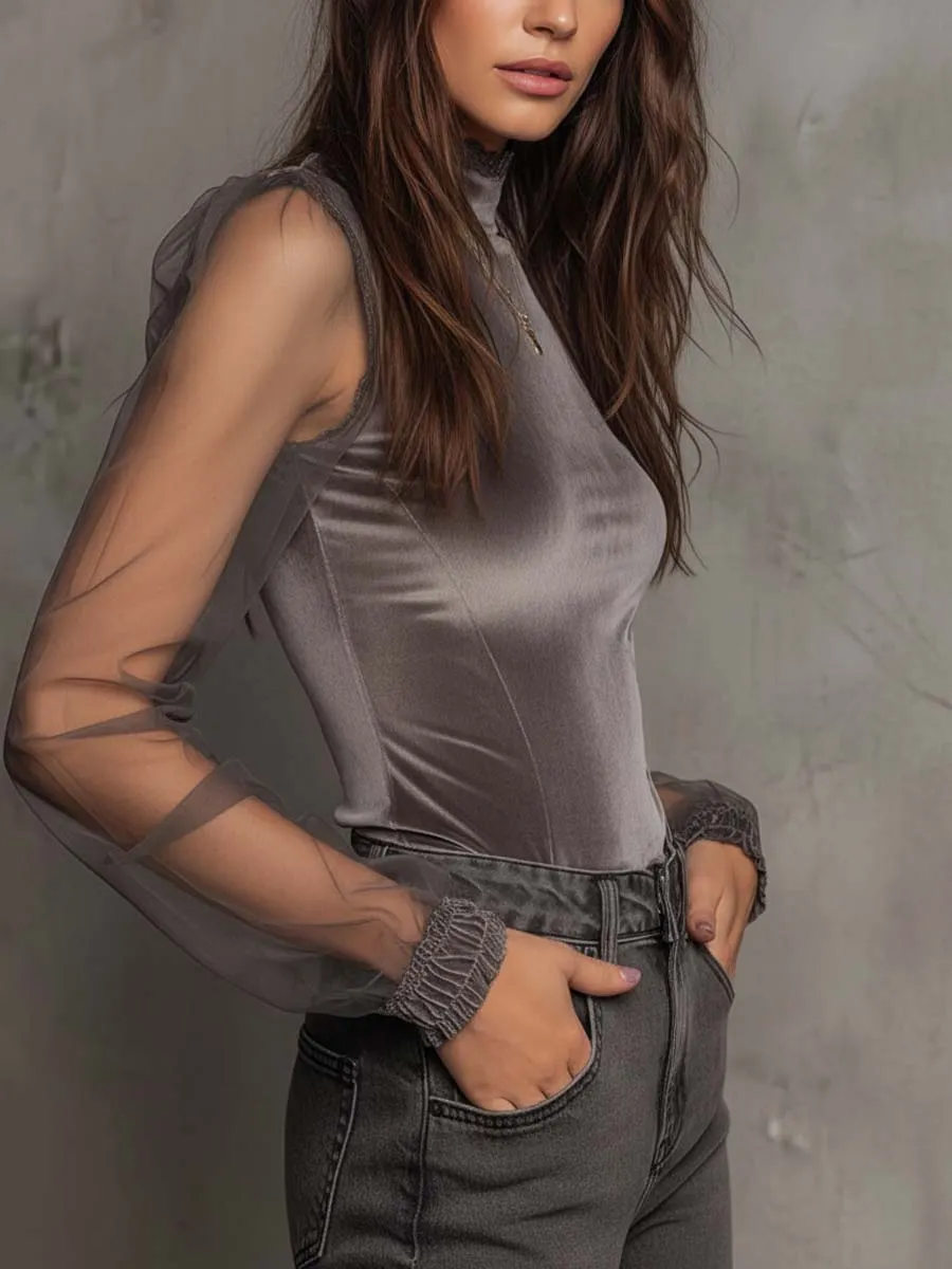 Velvet Mesh Panel High-Neck Top – Graphite Grey
