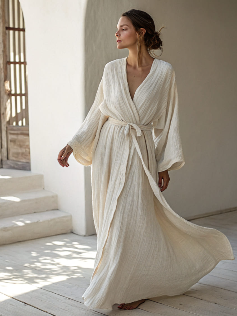Linen V-neck Casual Kimono Robe (with belt)