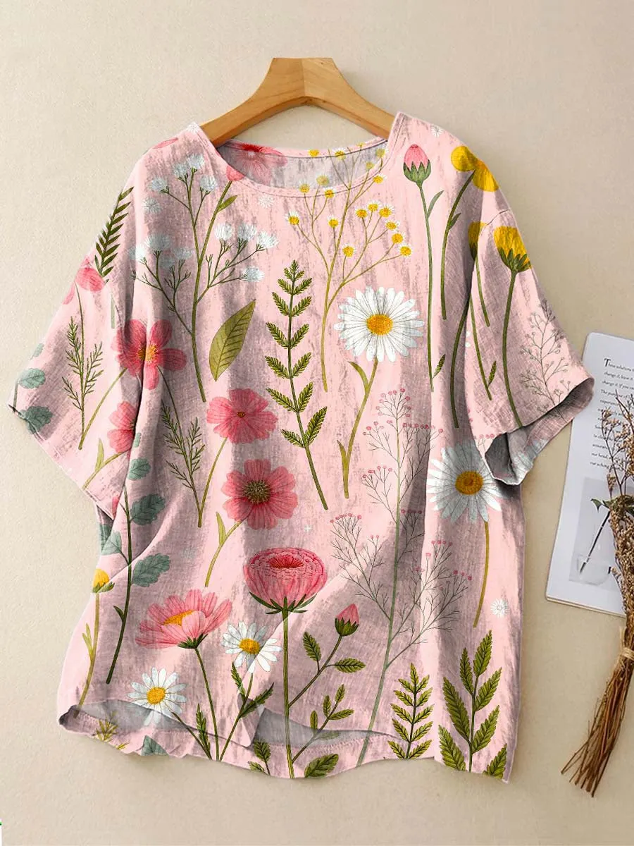 Floral Pattern Art Print Casual Linen Crew Neck Shirt