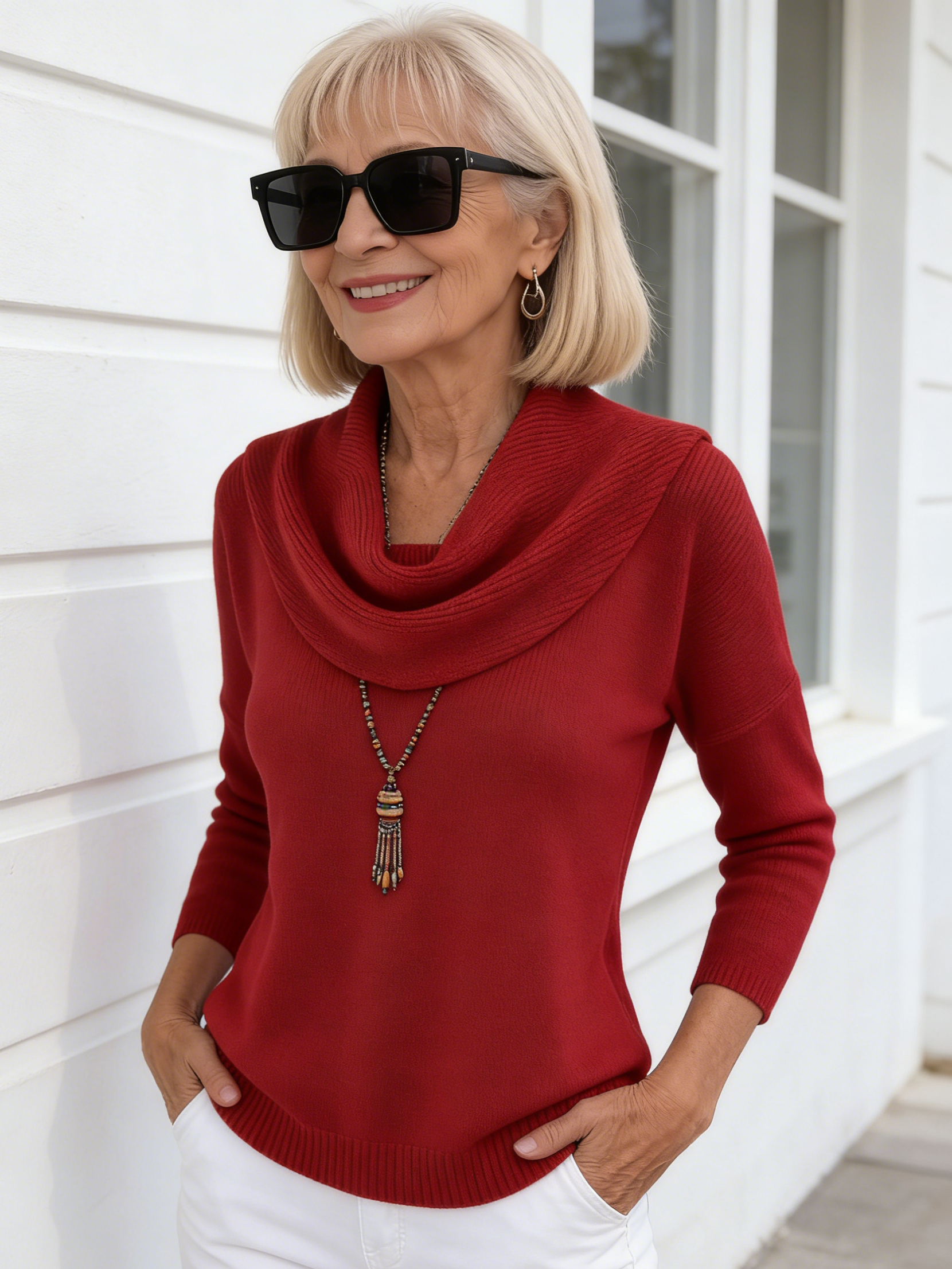 Ivory Cowl-Neck Knit Sweater