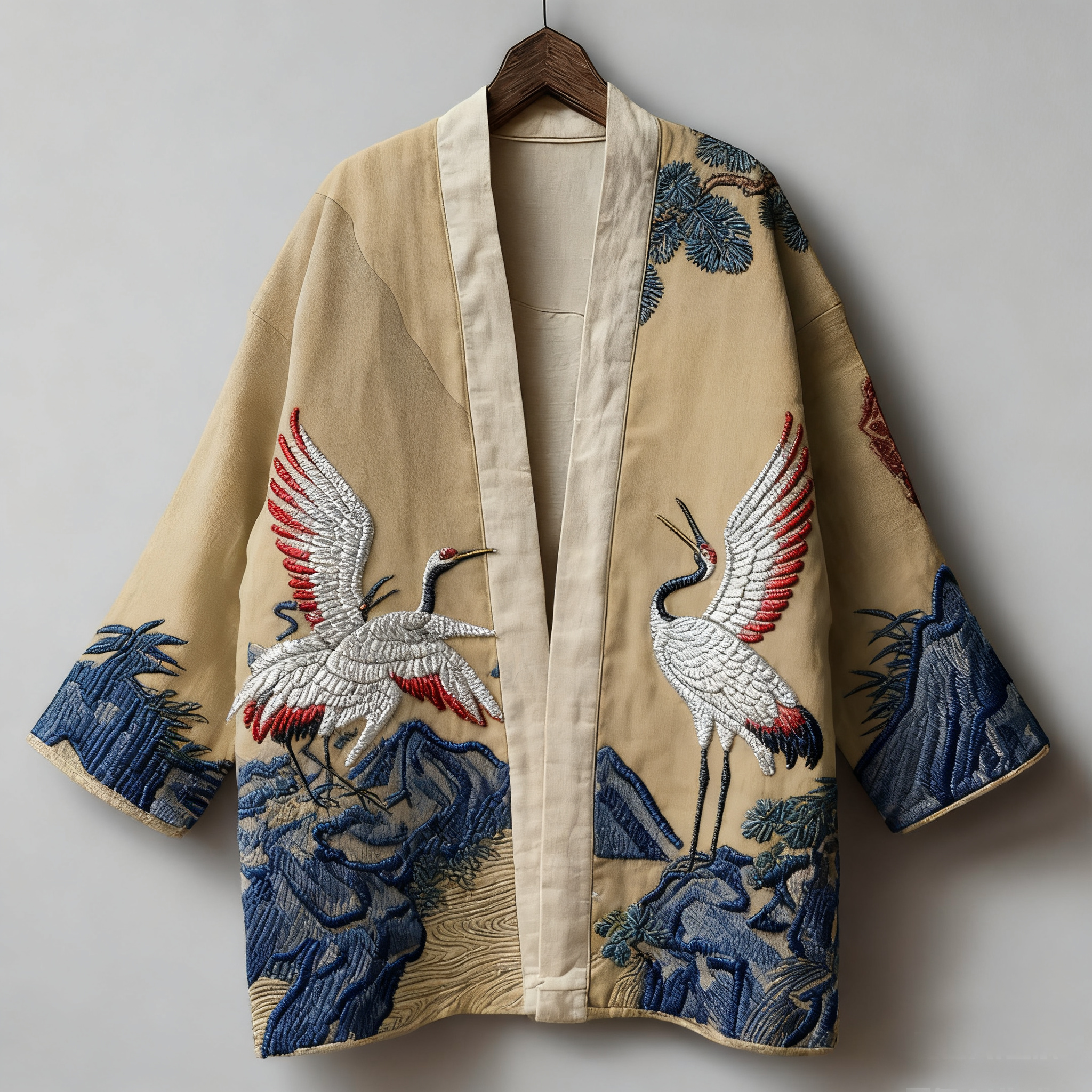 Oriental art landscape painting three-dimensional embroidery linen kimono cardigan