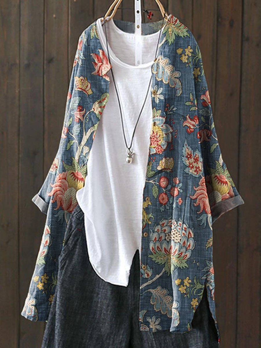 Vintage Lovely Floral Art Print Loose Casual Top Jacket