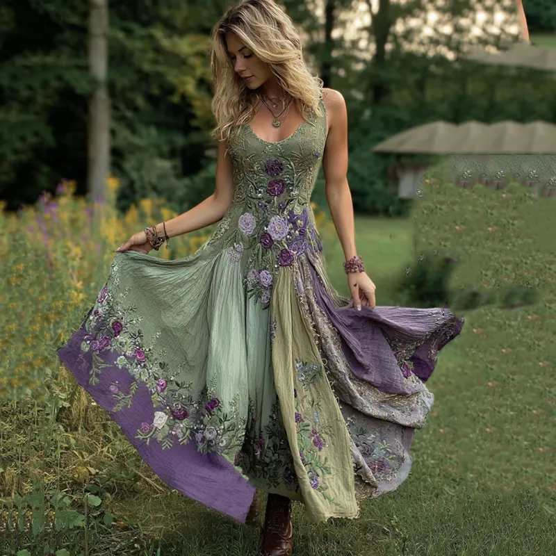 Classy Gradient Purple Lavender And Floral Embroidered Maxi Dress