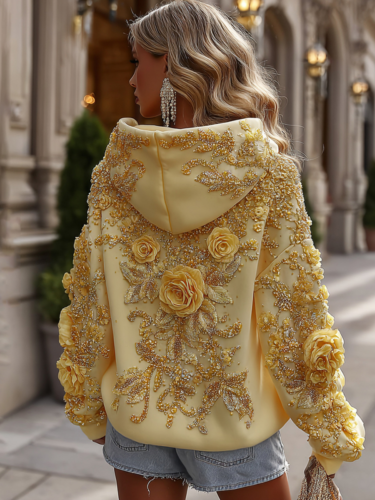 Women's Classic Bohemian Yellow Floral And Gold Roses Embroidery Art Long Sleeve Hoodie