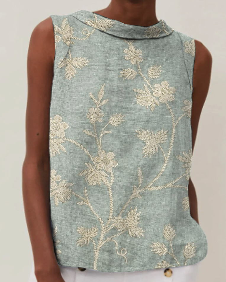 Vintage Floral Print Cotton & Linen Round Neck Sleeveless Top