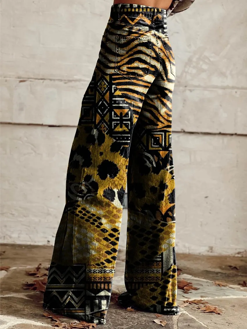 Black & Yellow Print Casual Wide-Leg Pants