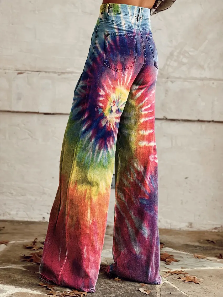 Vintage Print Casual Wide-Leg Pants