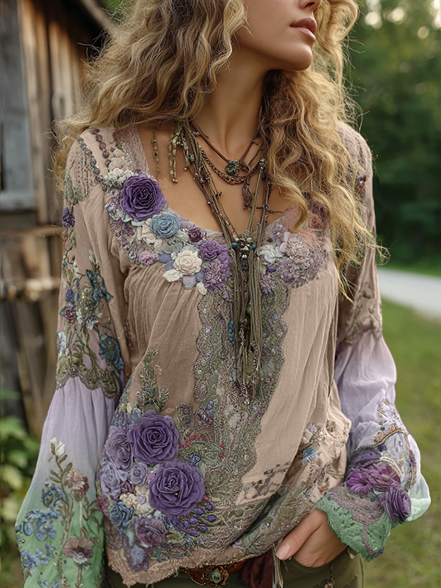 Vintage Purple Lavender And Floral Embroidered Long Sleeve Shirt