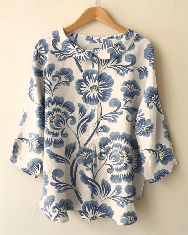 Vintage Floral Print Long Sleeve Peter Pan Collar Shirt