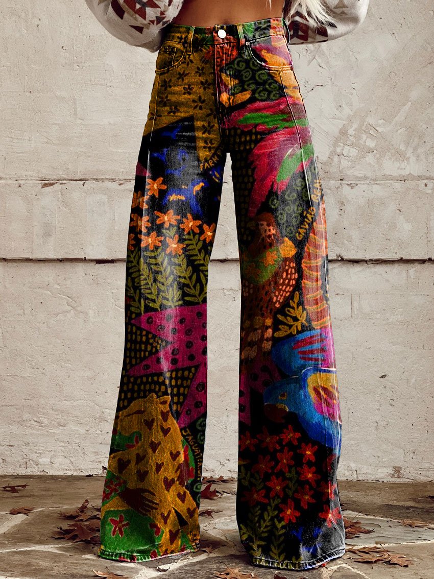 Vintage Print Casual Wide-Leg Pants