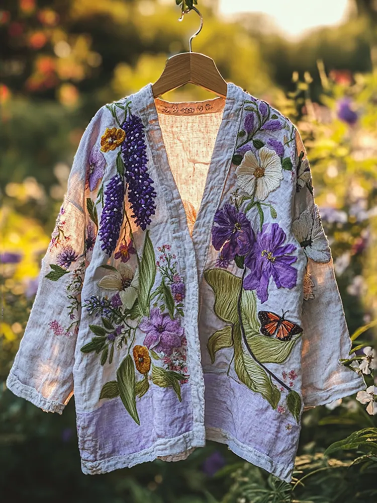 Vintage Floral Butterfly Print Kimono