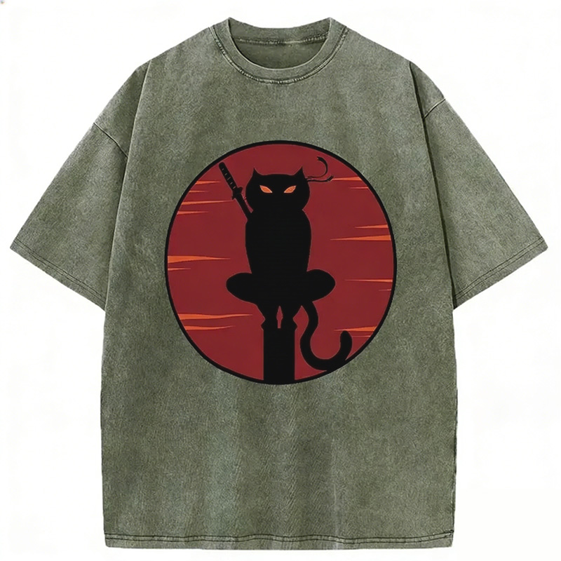 Japanese Ninja Black Cat Washed T-shirt