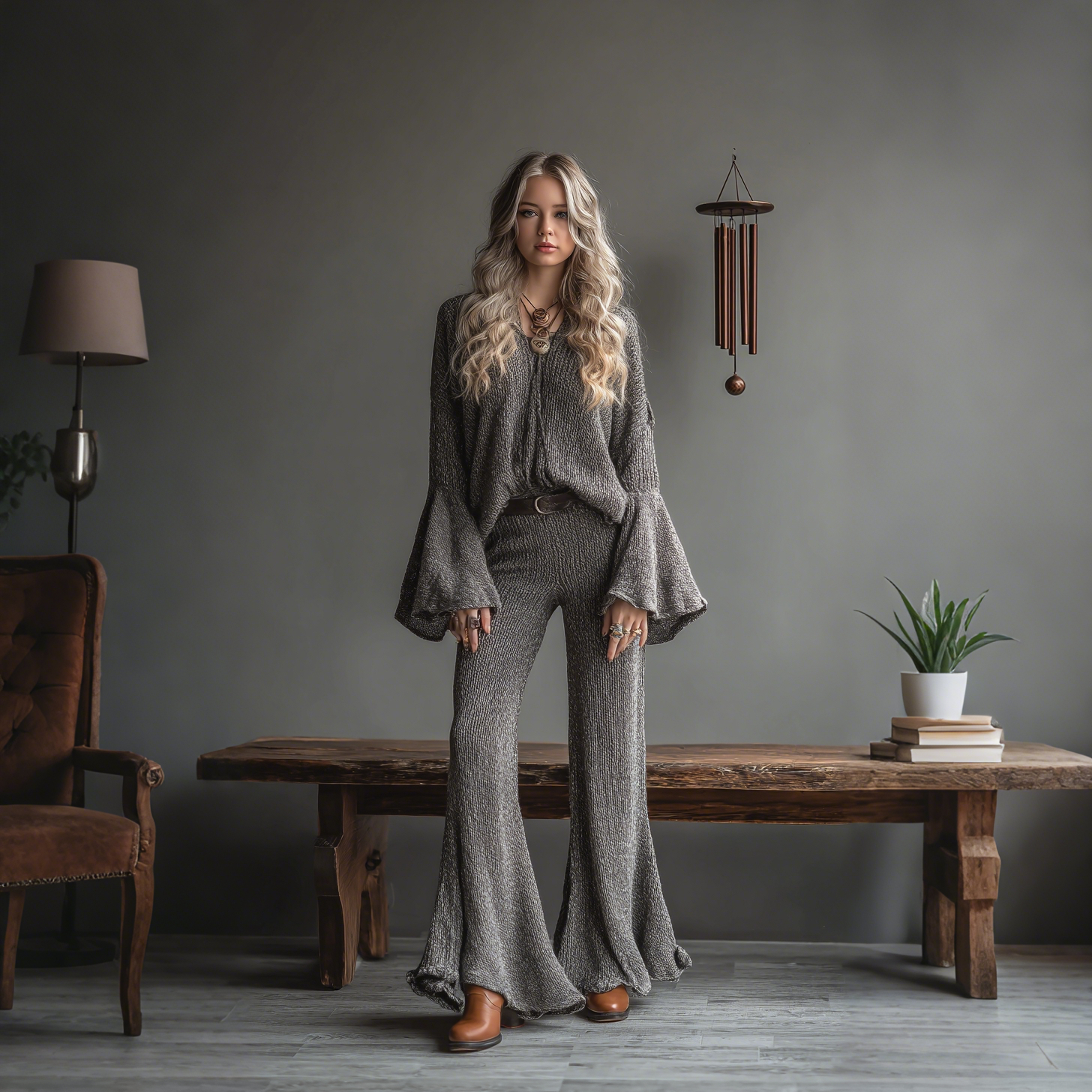 Elegant Striped Knit Flared Long-sleeved Top And Flared Trousers Set