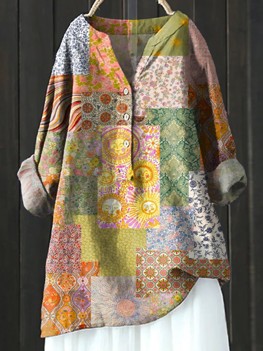 Vintage Ethnic Floral Art Print Casual Cotton & Linen Shirt