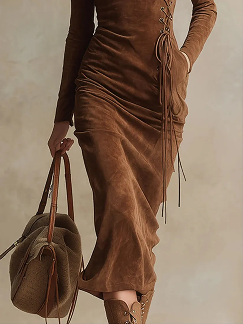 Vintage Brown High-neck Lace-up Suede Midi Dress