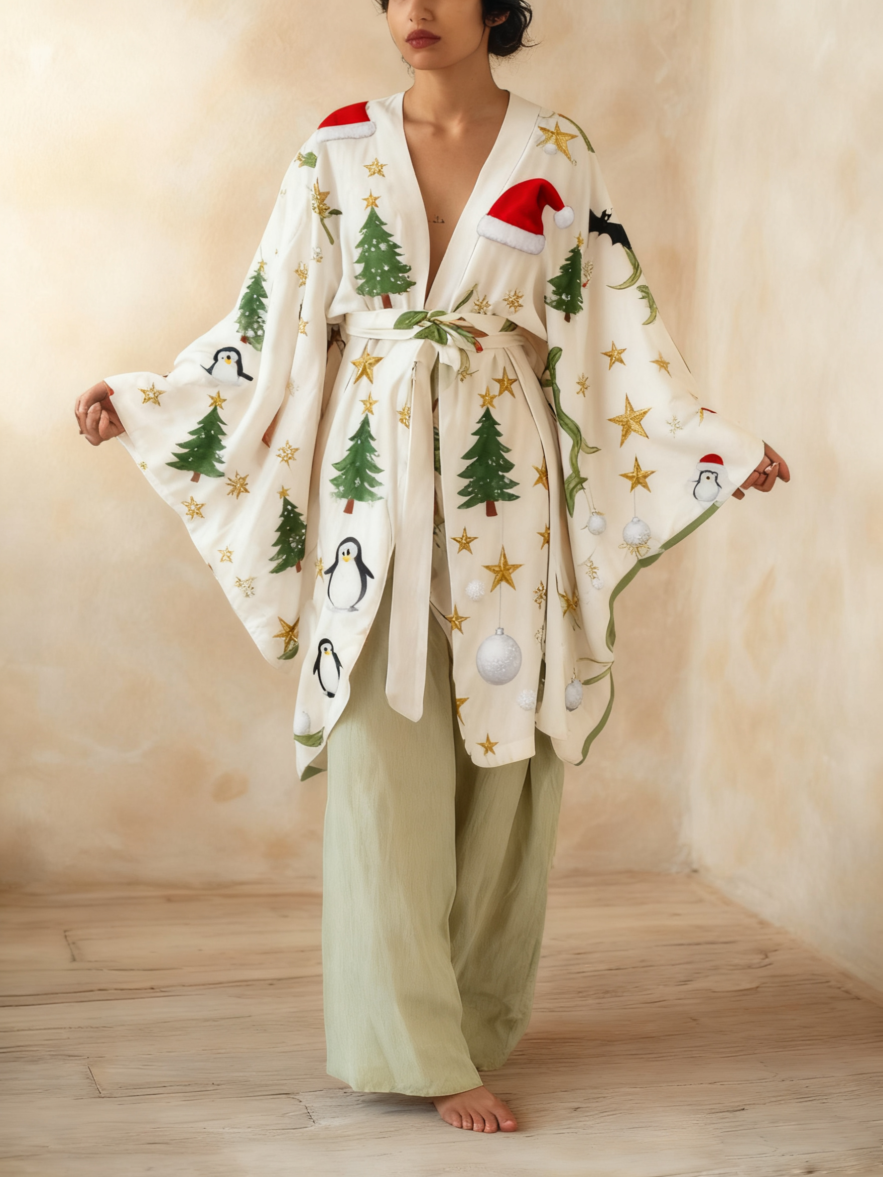 Kimono art Christmas pattern linen lace-up tops & trousers two-piece suit