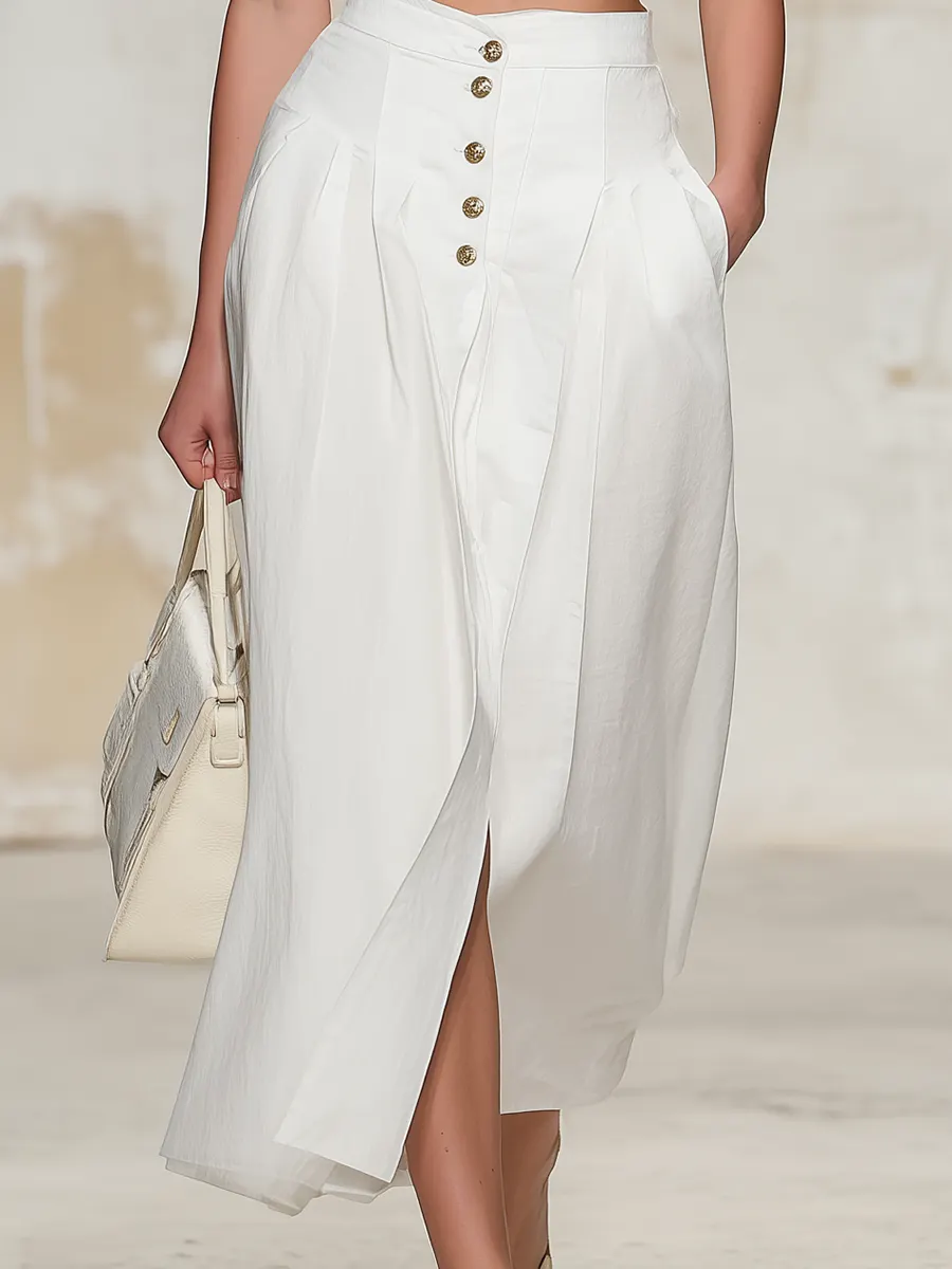 Vintage & Elegant V-neck Vest & Button-front Skirt Set