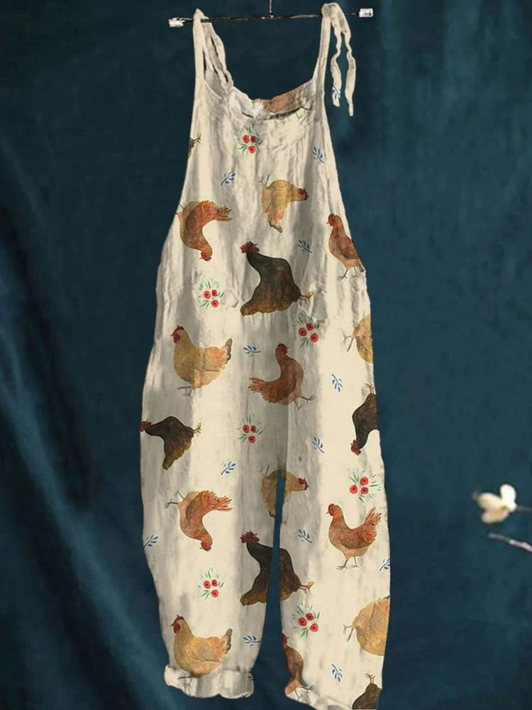 Vintage Lovely Chicken Art Print Casual Wide-Leg Jumpsuit