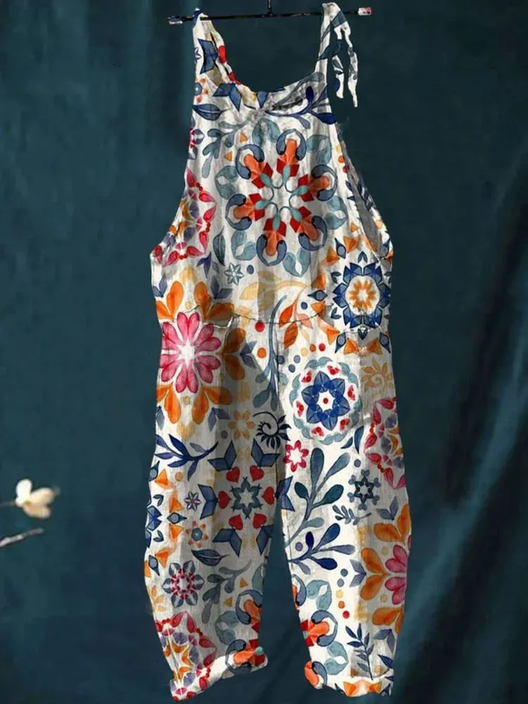 Vintage Lovely Floral Art Print Casual Wide-Leg Jumpsuit