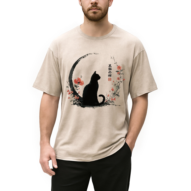 Black Cat & Flowers Washed T-shirt