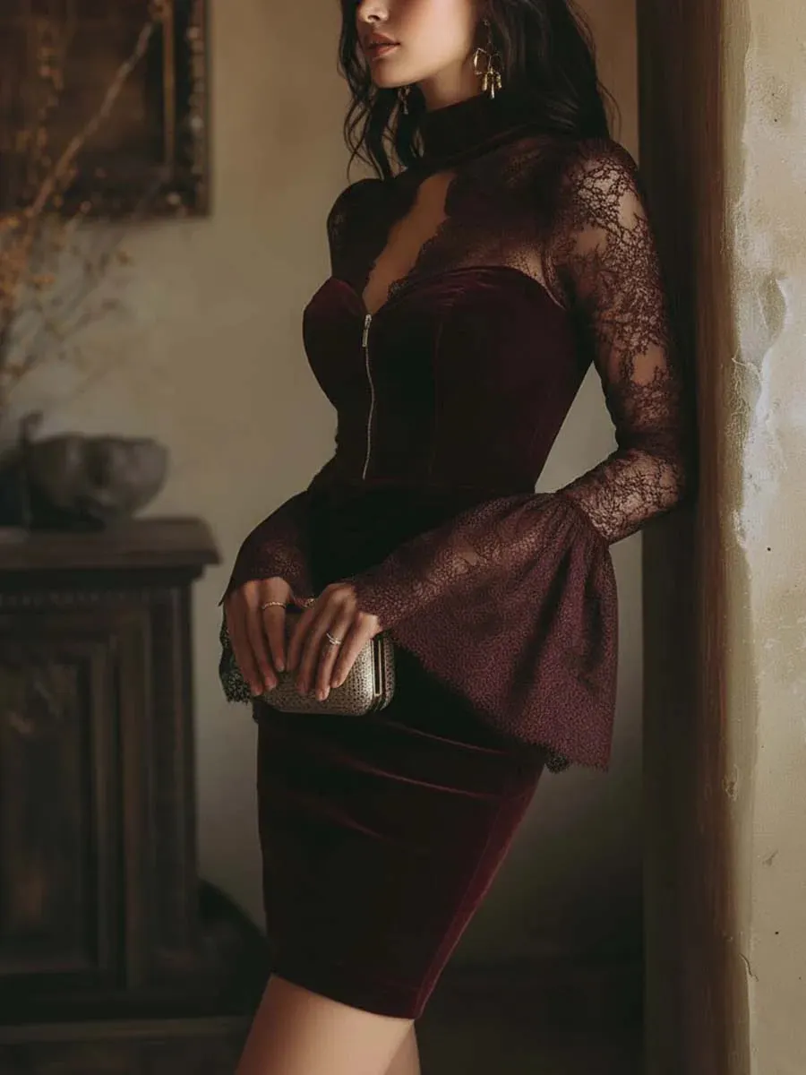 & Lace Bodycon Mini Dress In Burgundy
